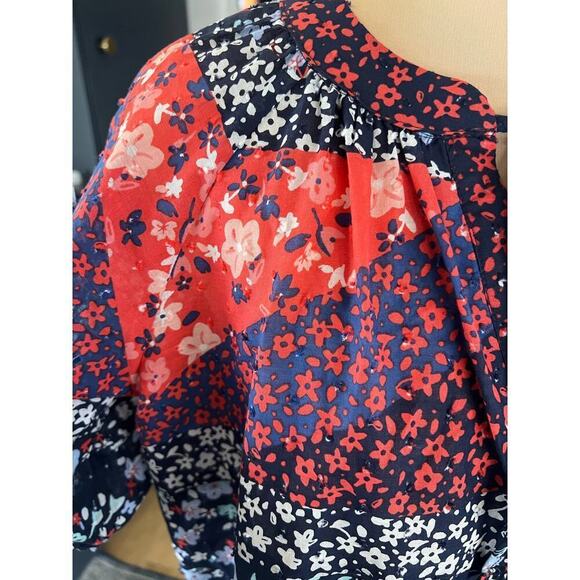 Loft 100% cotton patchwork floral boho lightweight cotton puff sleeve blouse - Picture 6 of 11